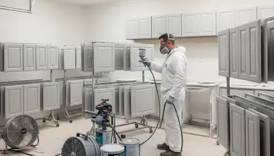 Professional cabinet painting process with spray finish in Madison WI kitchen by local painters