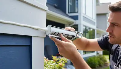 Painter applying exterior caulking and sealing on Madison WI home for weather protection