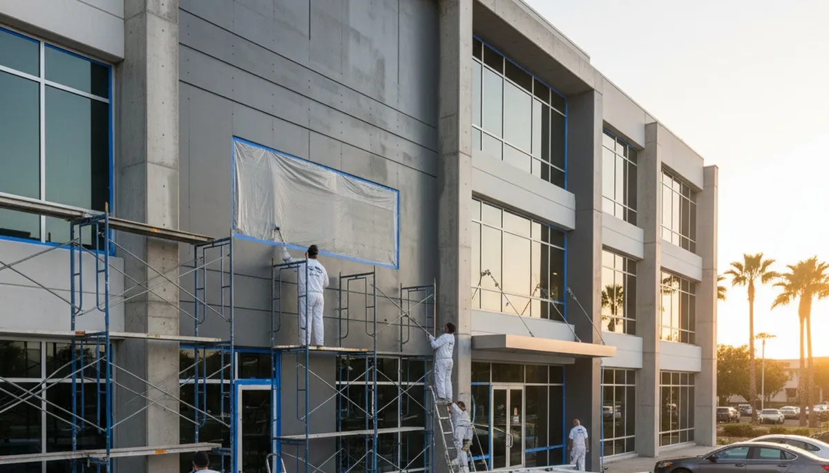 Commercial painters in Madison WI applying durable exterior paint on local business building