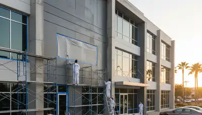 Commercial painters in Madison WI applying durable exterior paint on local business building