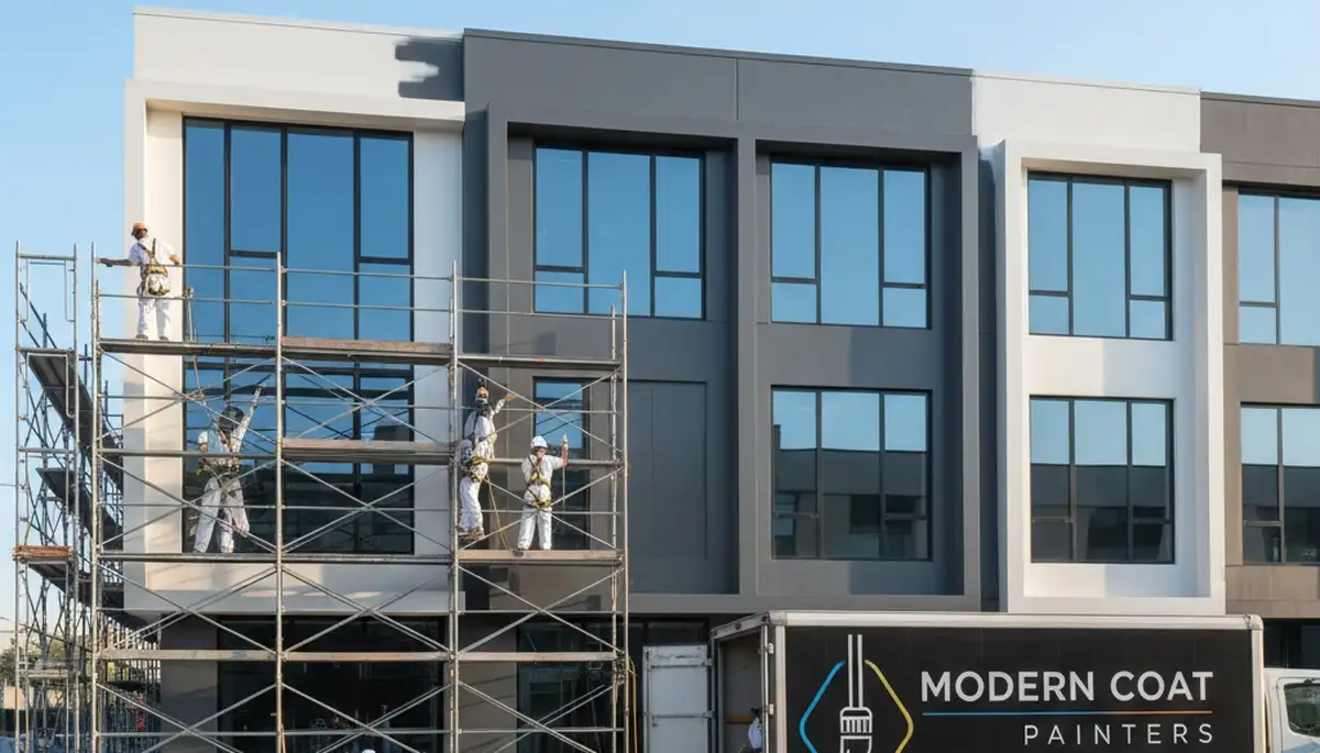 Professional commercial painters finishing office exterior in Madison, WI
