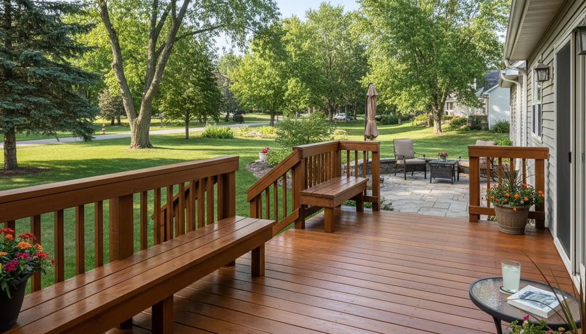 Finished deck staining in Madison WI showing rich wood color and weather-resistant professional finish