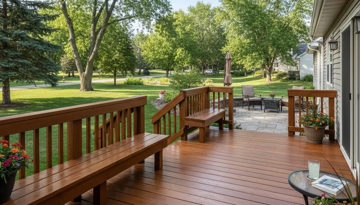 Finished deck staining in Madison WI showing rich wood color and weather-resistant professional finish