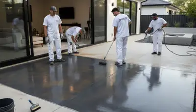 Professional concrete staining on a Madison WI patio by expert house painters for durable, rich color