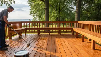 Professional deck staining in Madison WI showing expert wood protection and UV-resistant finish application