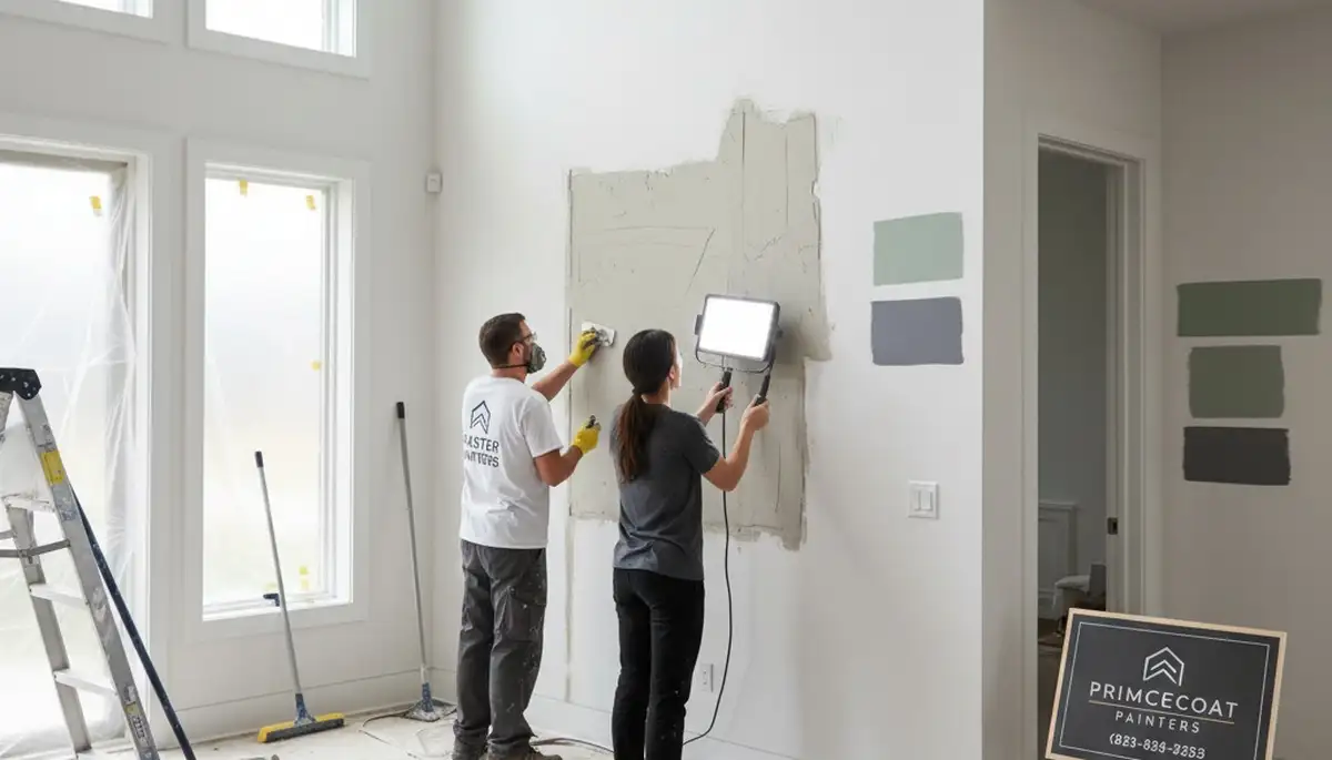 Drywall repair experts fixing wall cracks in a Madison WI home for seamless painting results