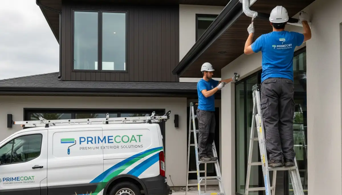 Professional painters providing gutter painting on a Madison WI home exterior for weather protection