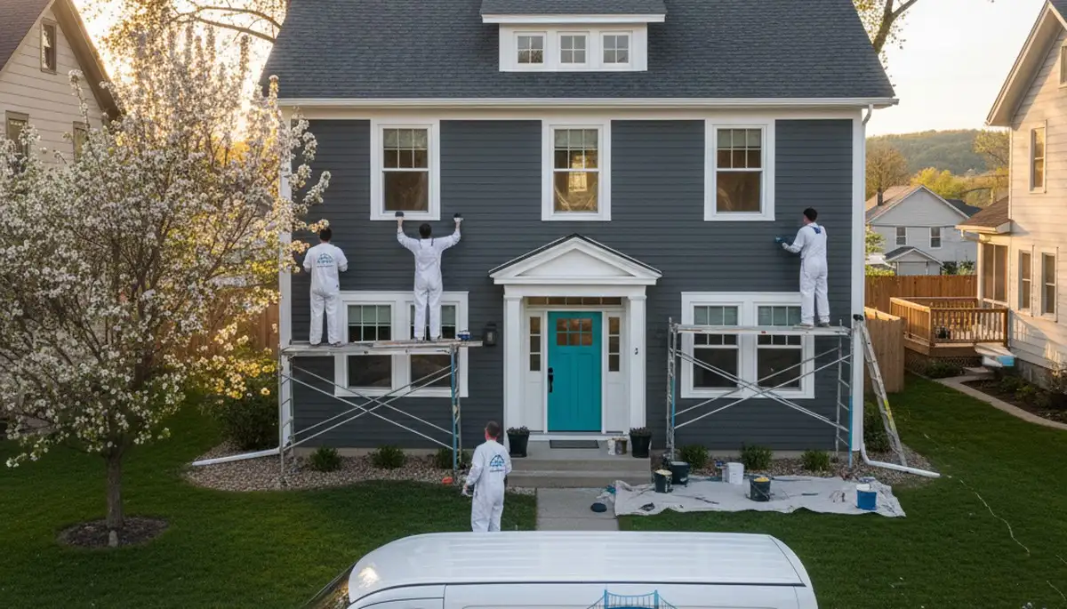 House painters in Madison, WI painting a home exterior for a professional finish