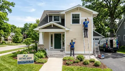 Professional house painters working on residential exterior in Madison, WI