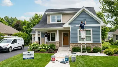 Professional house painters working on residential exterior in Madison, WI