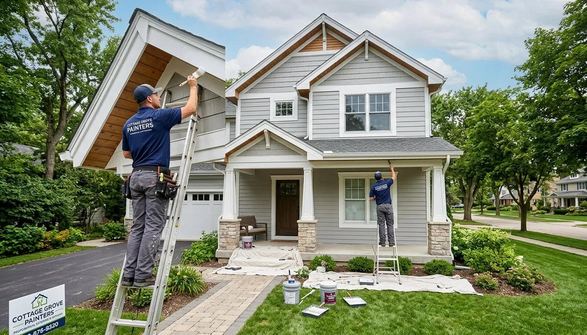 Professional house painters working on residential exterior in Madison WI