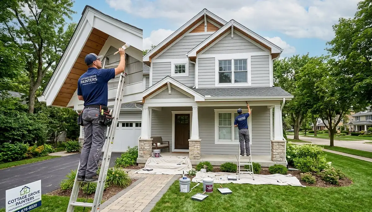 Professional house painters working on residential exterior in Madison WI