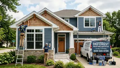 Professional house painters working on exterior home in Madison WI