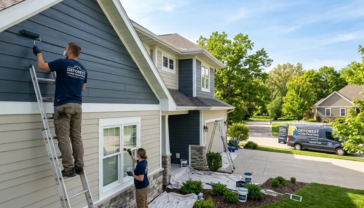 Professional house painters working on residential exterior in Madison WI