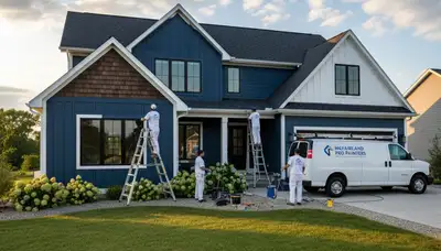 Professional house painters in Madison WI applying exterior paint to a residential home façade