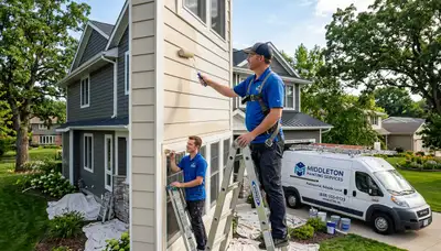 Professional house painters finishing residential exterior in Madison WI