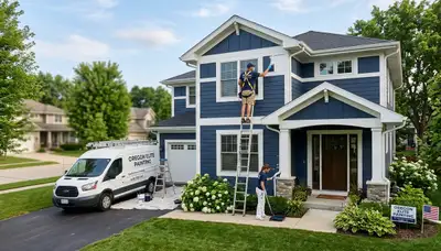 Professional house painters in Madison WI working on exterior home painting project
