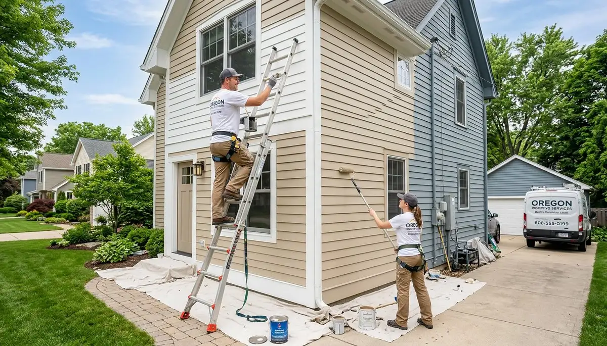 Professional house painters working on home exterior in Madison WI