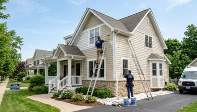 Professional house painters working on residential exterior in Madison WI