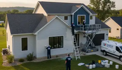 Professional house painters working on residential exterior in Madison WI