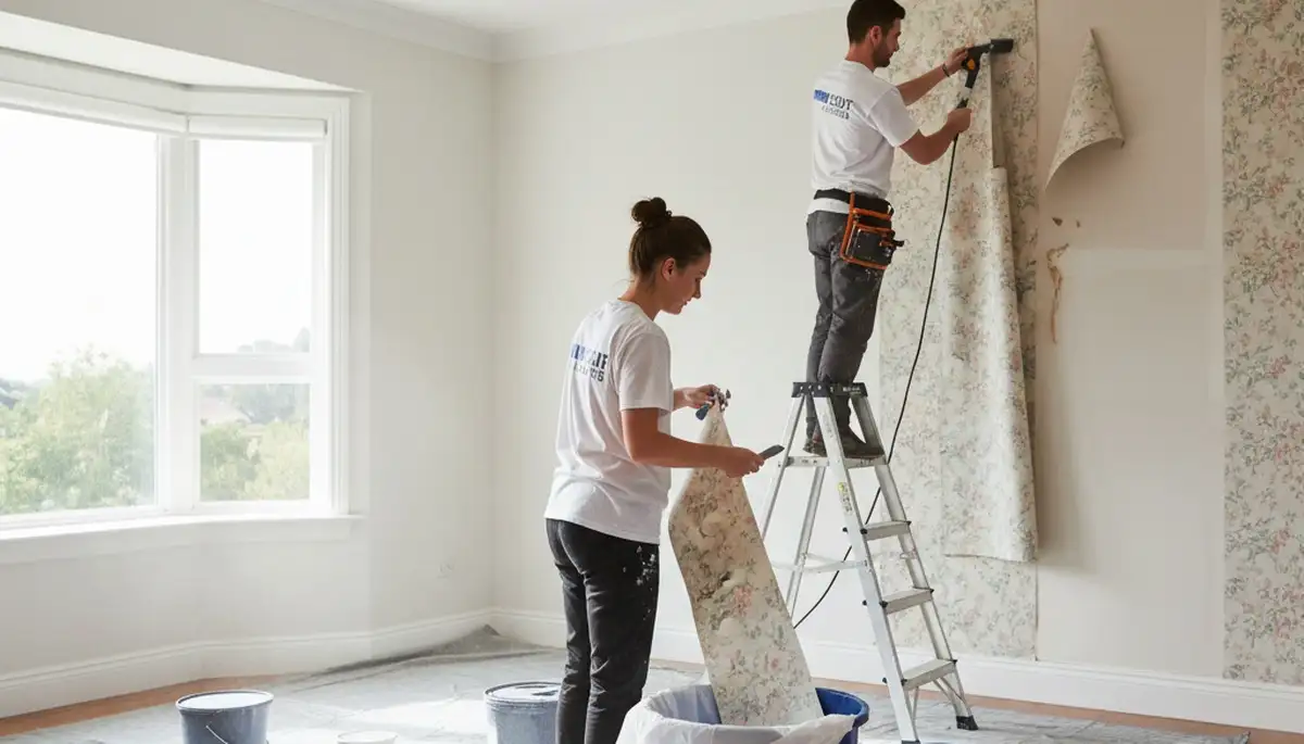 Professional wallpaper removal service by house painters in Madison, WI preparing walls for painting